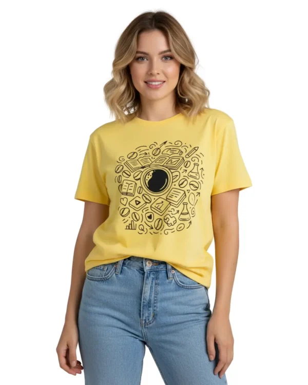 Kahve Temalı Kadın Sarı Tişört